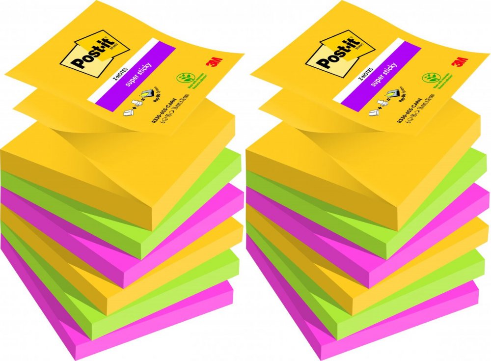 2x Karteczki samoprzylepne Post-it Super Sticky Z-Notes, kolekcja CARNIVAL, 76x76mm, 6x90 karteczek, mix kolorów