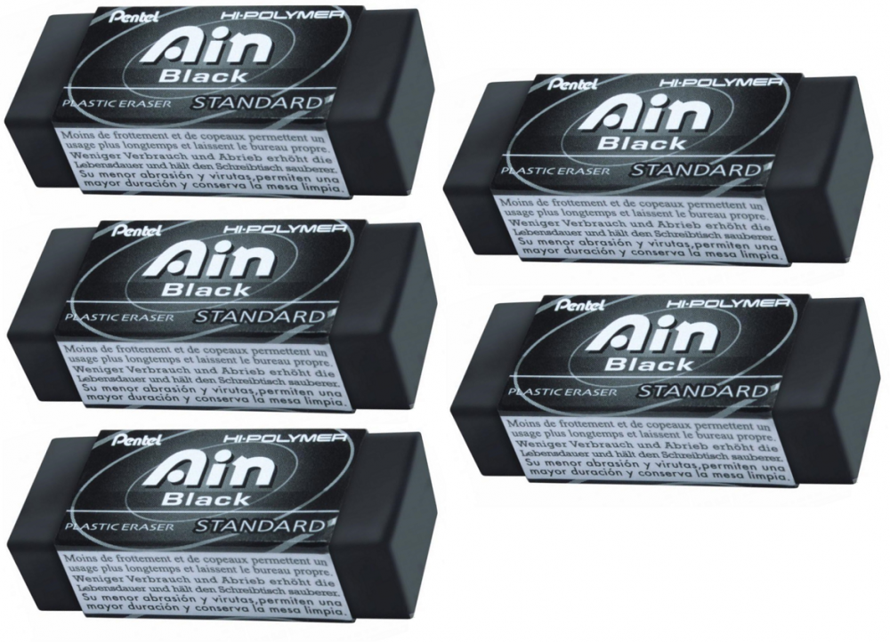 5x gumka ołówkowa Pentel Hi-Polymer ZEAH06, 43.4x17.4x11.8mm, czarny