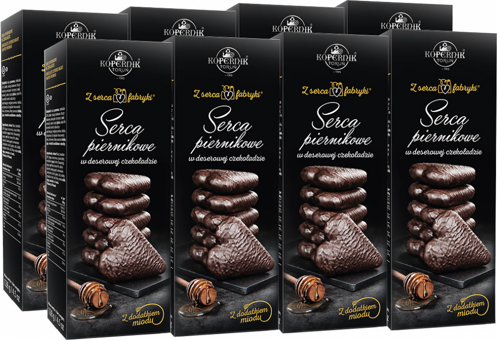 8x Pierniki Kopernik Premium Serca Piernikowe w deserowej czekoladzie, 128g