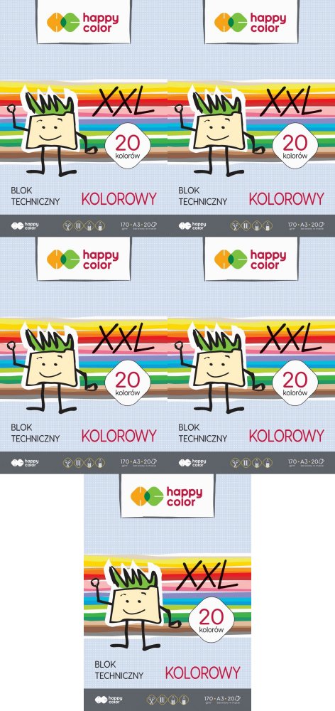 5x Blok techniczny Happy Color, A3, 20 kartek, kolorowy, barwiony w masie