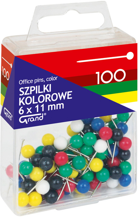 Szpilki Grand, w pudełku, 6x11mm, 100 sztuk, mix kolorów