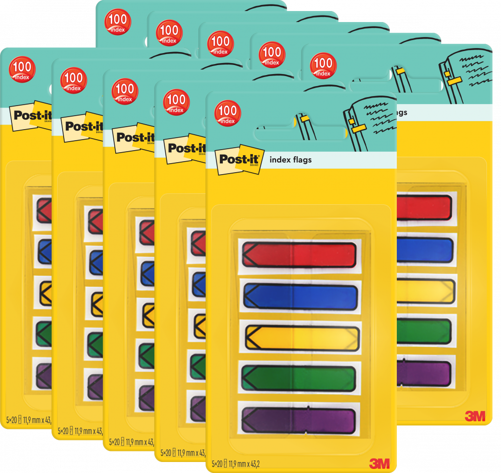 10x Zakładki samoprzylepne Post-it, indeksujące, strzałka, 11.9x43.2mm, 5x20 sztuk, mix kolorów