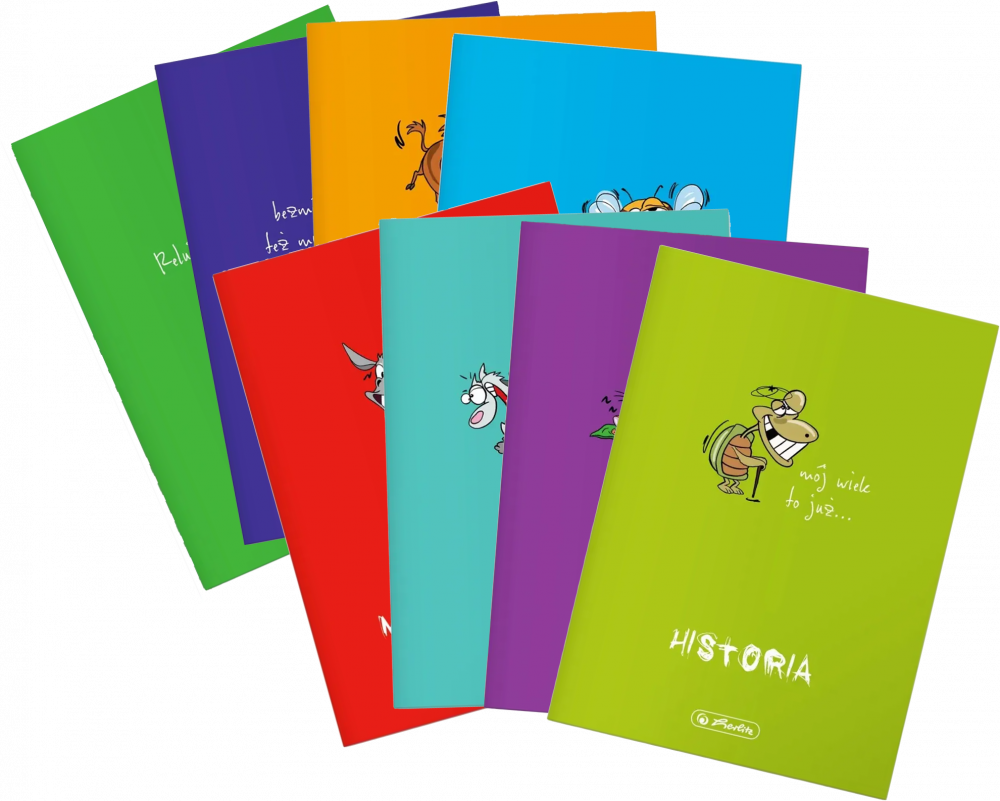 Zestaw: 8x Zeszyt przedmiotowy Herlitz ECO (J.Polski, J.Angielski, Fizyka, Biologia, Matematyka, Chemia, Historia, Geografia), A5, 60 kartek, mix