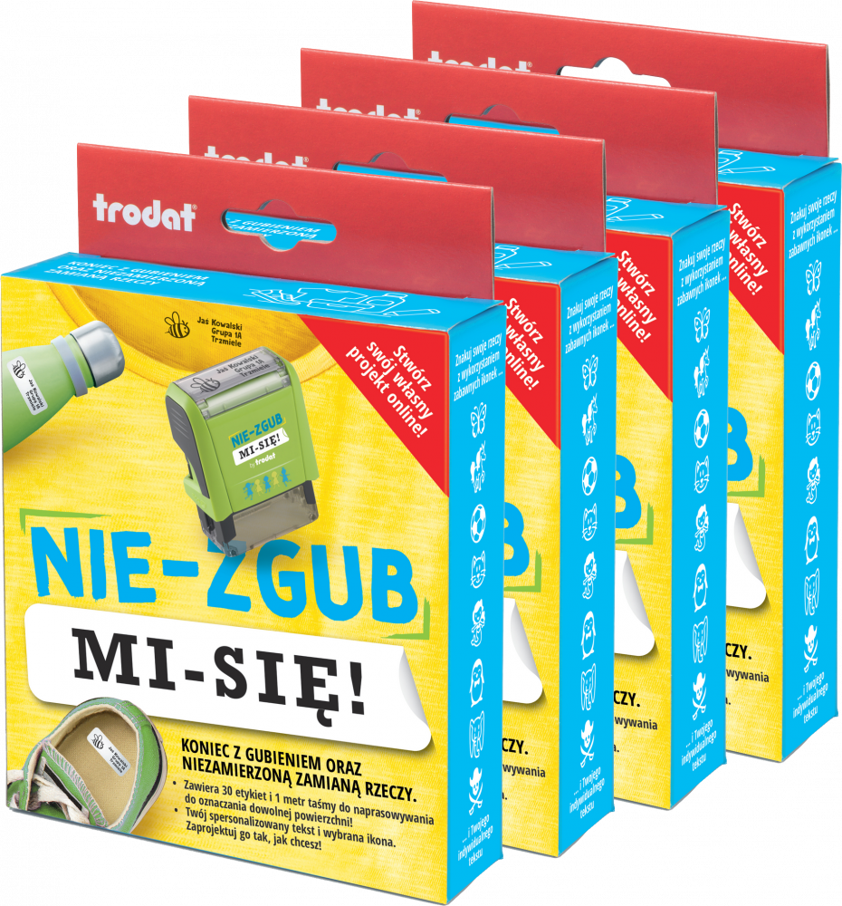 4x Pieczątka do ubrań i rzeczy Trodat „Nie-zgub mi-się”, zestaw z literkami