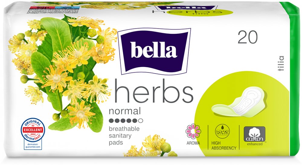 Podpaski Bella Herbs Tilia z kwiatem lipy, Normal, ze skrzydełkami, 20 sztuk