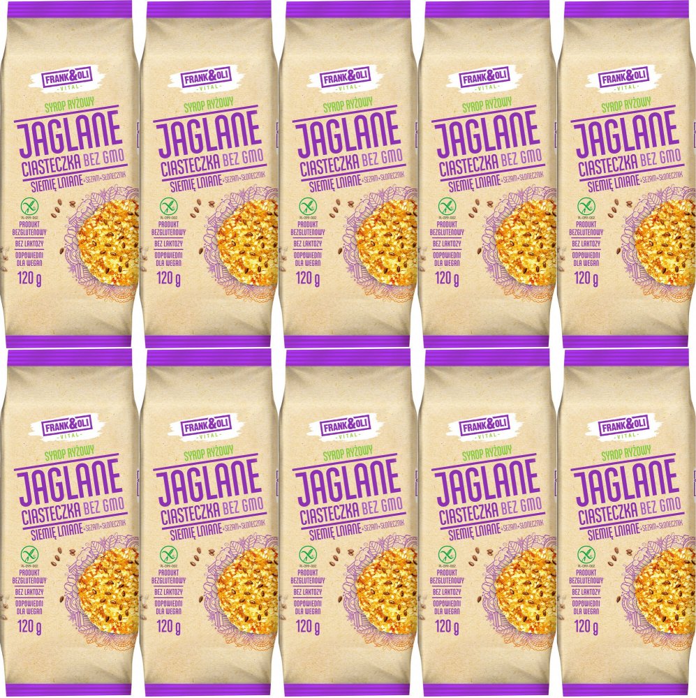 10x Ciasteczka jaglane Frank&Oli, bez GMO, z siemieniem lnianym, sezamem i słonecznikiem, 120g