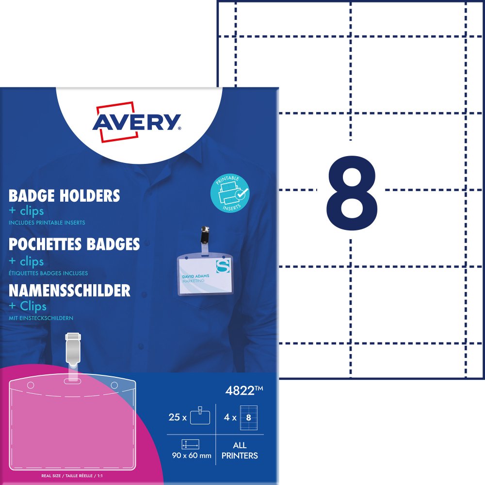 Etui na identyfikator Avery Zweckform, z klipsem, 60x90mm, 25 sztuk + 32 wkłady, przezroczysty