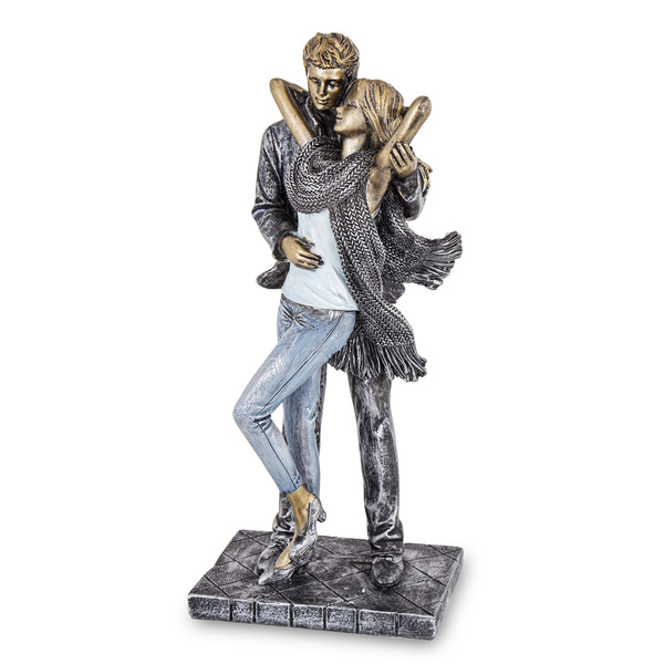 Figurka para zakochanych szaro-niebieska, ona z szalem 25cm