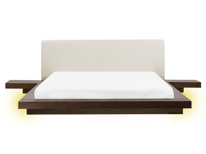 Łóżko z LED ekoskóra 160 x 200 cm ciemne drewno Zen 1 szt.