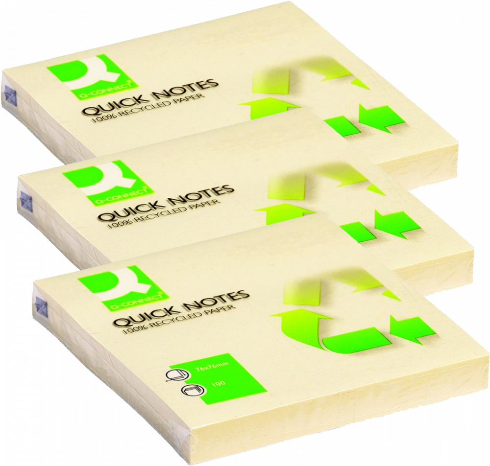 3x Karteczki samoprzylepne Q-Connect 100% Recycled, 76x76mm, 100 karteczek, żółty
