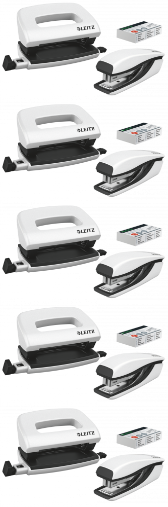 5x Zestaw zszywacz i dziurkacz Leitz Mini NeXXt Wow, metalowy, biały