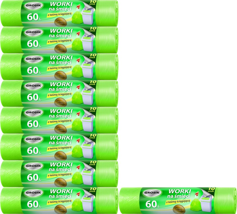 10x Worki na śmieci Grosik, na odpady zmieszane, 60l, 10 sztuk, mix kolorów