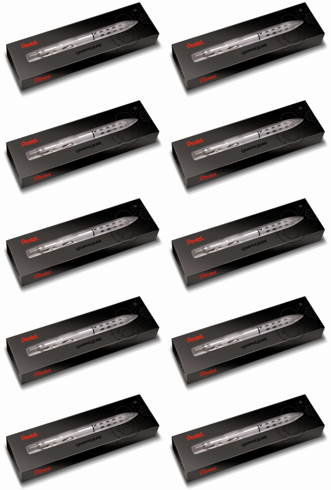 10x Ołówek automatyczny Pentel Graphgear 1000, 0.5mm, z gumką, srebrny