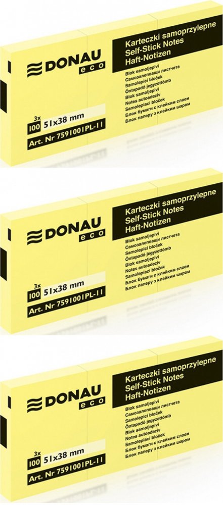 3x Karteczki samoprzylepne Donau Eco, 38x51mm, 3x 100 karteczek, jasnożółty