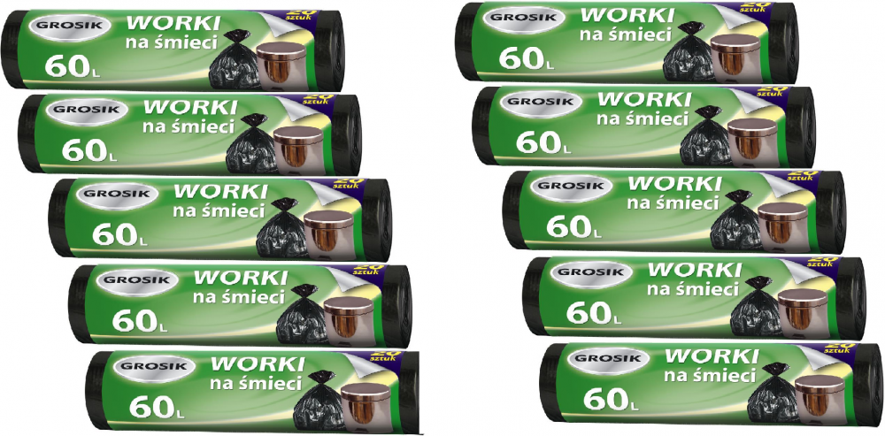 10x Worki na śmieci Grosik, na odpady zmieszane, 60l, 20 sztuk, czarny