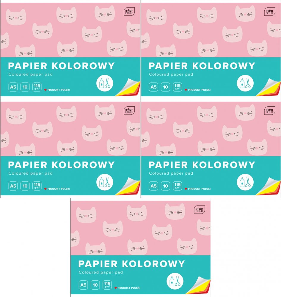 5x Zeszyt papierów kolorowych Interdruk, A5, 10 kartek, mix wzorów