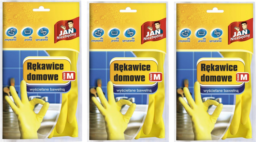 3x rękawice lateksowe domowe Jan Niezbędny, wyściełane bawełną, rozmiar M, 1 para, mix kolorów