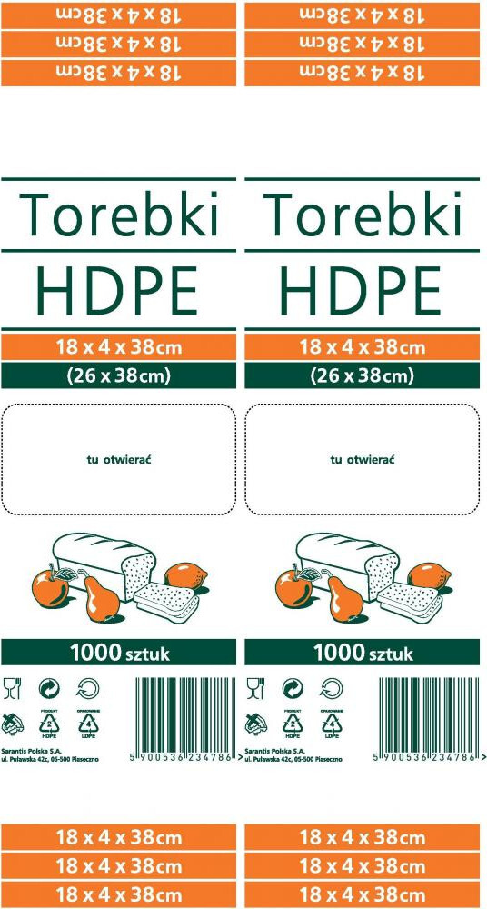 2x Torebki spożywcze Sarantis, HDPE, 18x4x38cm, 1000 sztuk, biały