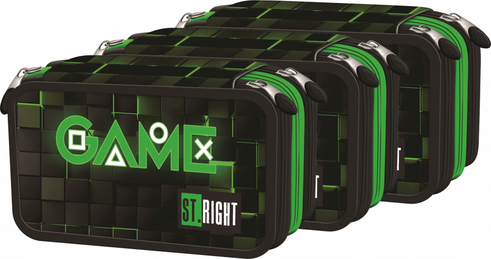 3x Piórnik szkolny St.Right PC5, 3-komorowy, z wyposażeniem, Green Game