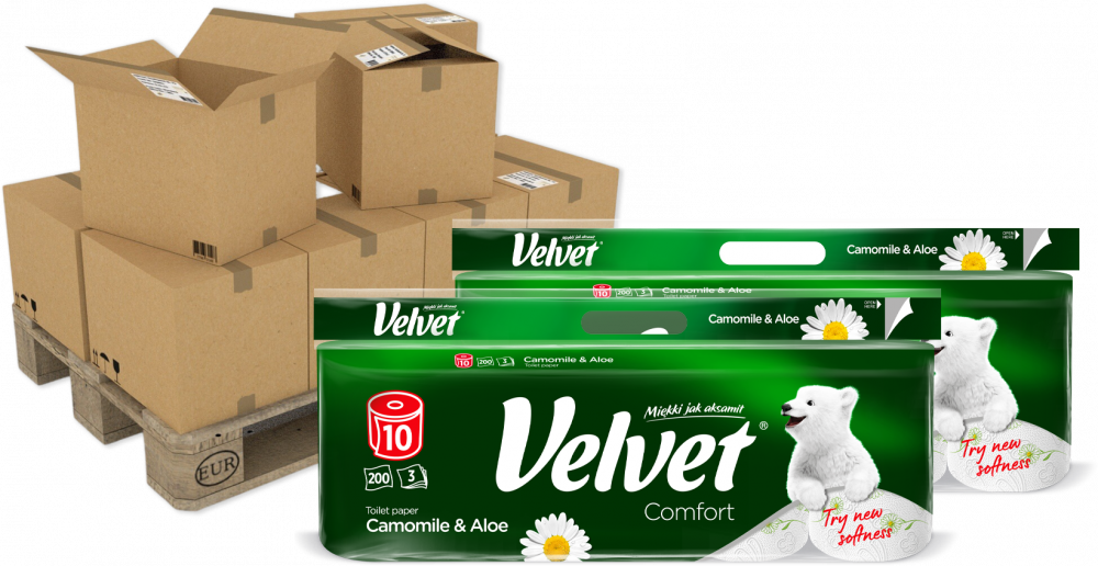 140x Papier toaletowy Velvet Comfort Camomile & Aloe, 3-warstwowy, 10 rolek, 25m, biały