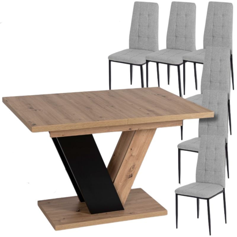 Zestaw Stół i 6 Krzeseł Mebel Elite Clark 120-160 cm Dąb Artisan/Czarny i Tex Szare 1 kpl
