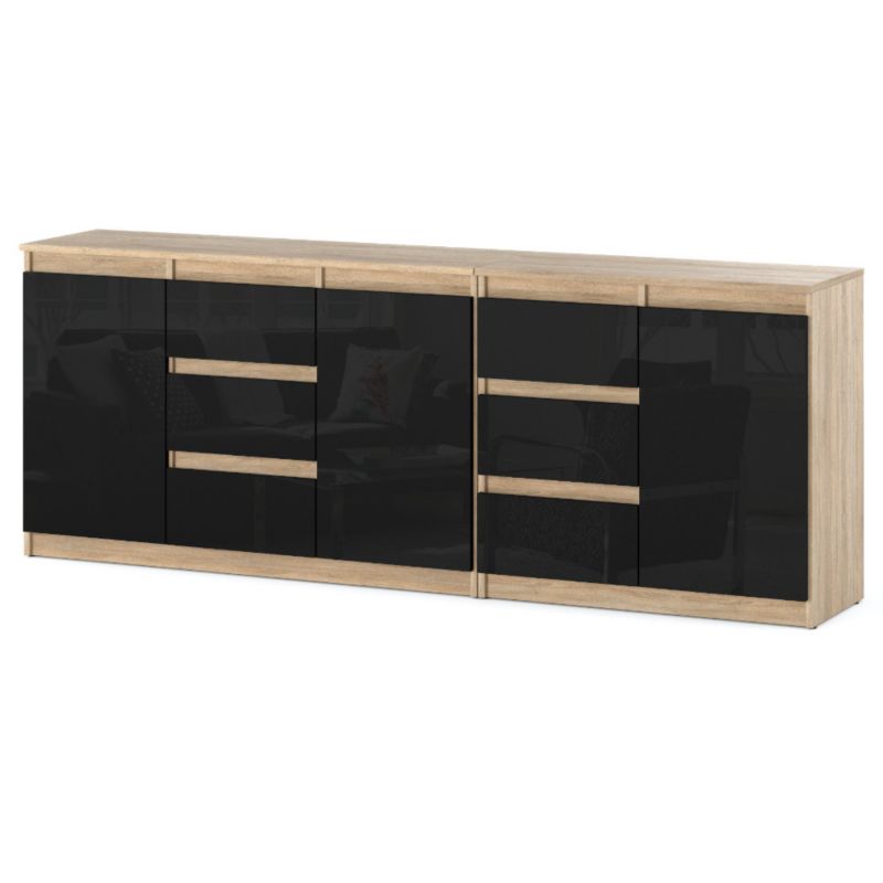 Komoda Hurtownia-Mebli Szuflady 6 Best Agnes 200cm Dąb Sonoma Czarny Połysk 200x35x75 cm 1szt.