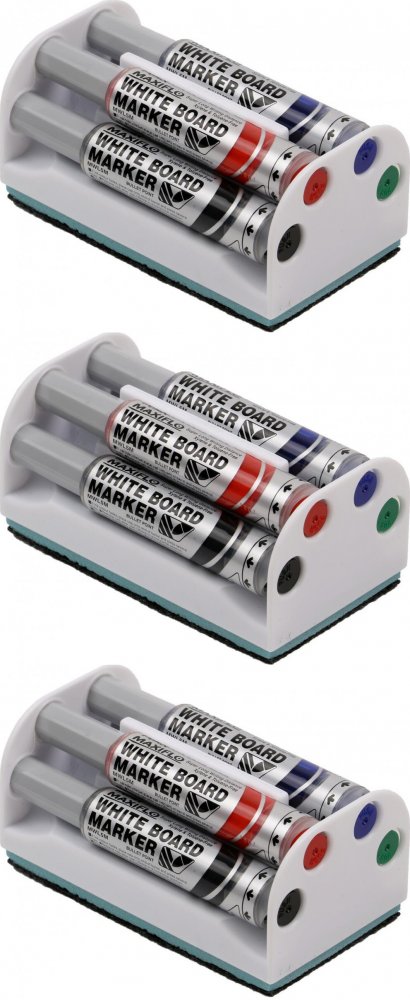 3x Marker suchościeralny Pentel Maxiflo MWL5M, z tłoczkiem, okrągła, 4 sztuki, 6mm, mix kolorów + gąbka magnetyczna