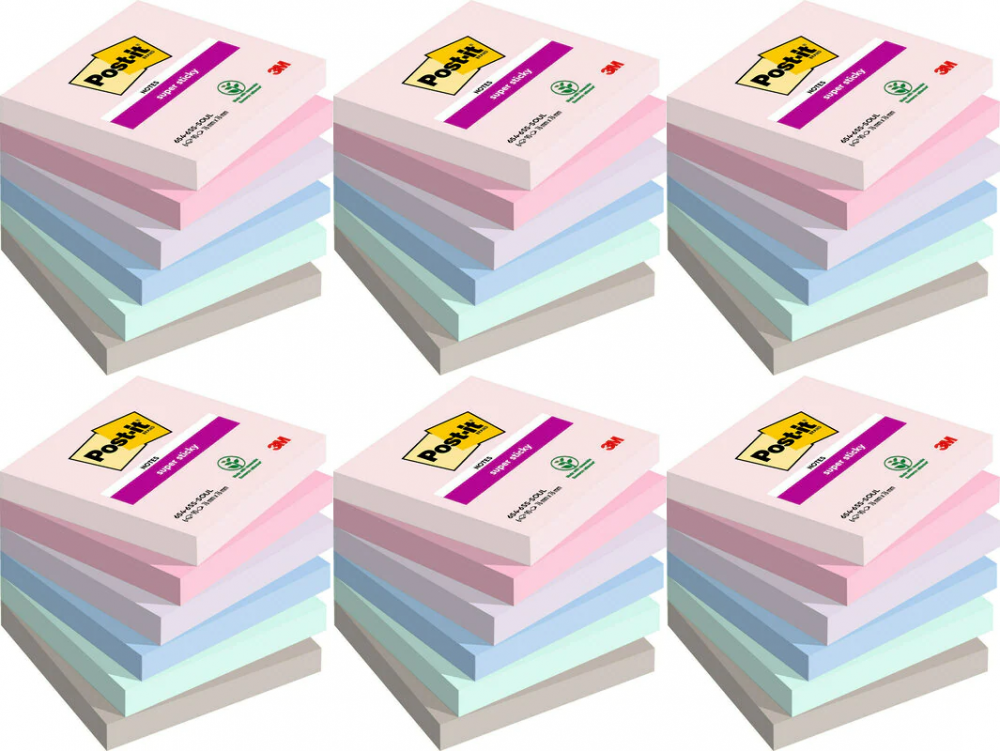 6x Karteczki samoprzylepne Post-it Super Sticky, 76x76mm, 6x90 karteczek, mix kolorów pastelowych