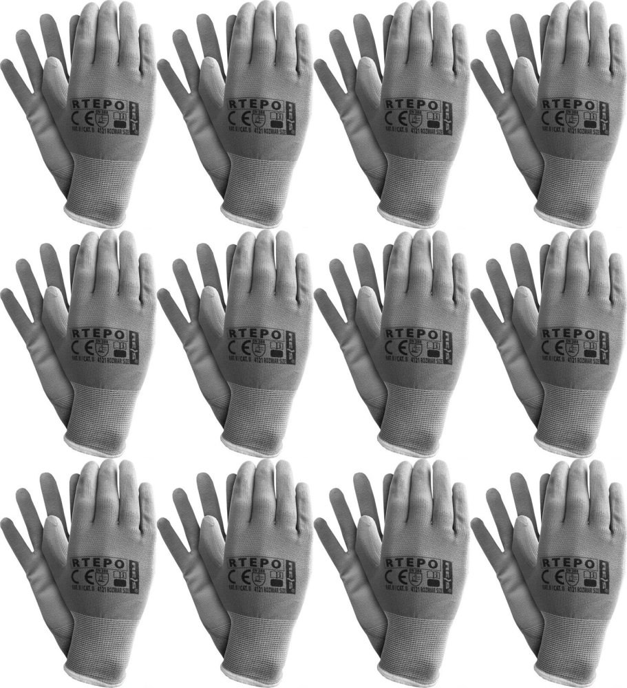 12x Rękawice robocze Reis Rtepo SS, powlekane, rozmiar 8, szary