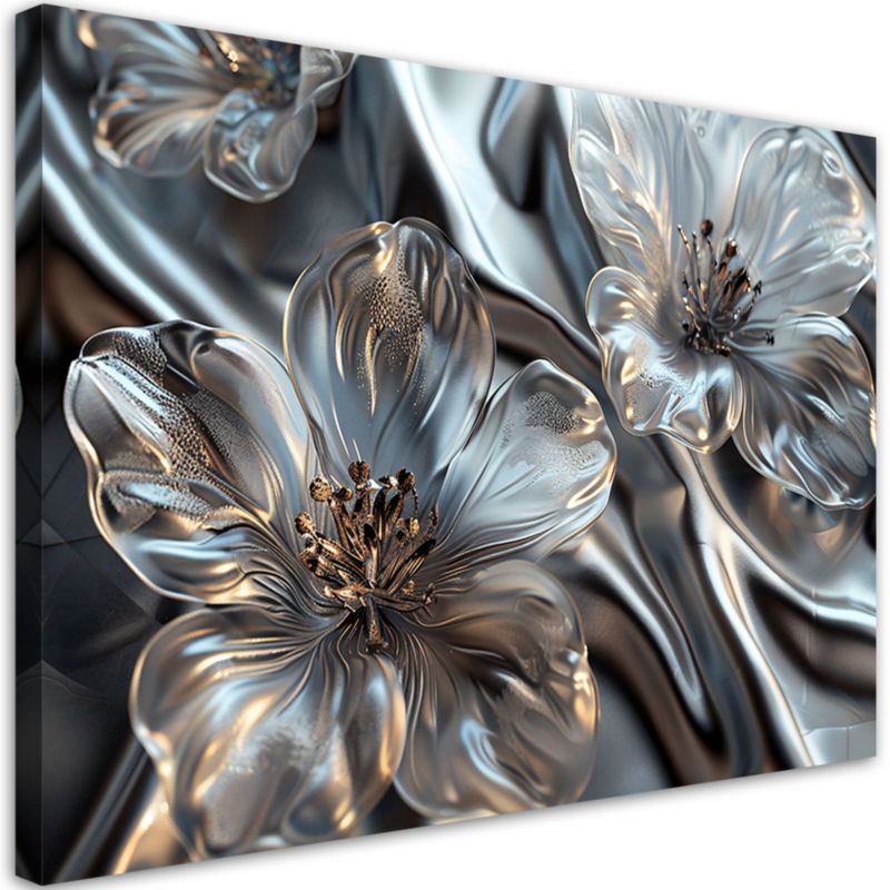 Obraz do salonu sypialni Feeby Eleganckie Srebrne Szklane Kwiaty 100x70 cm 1szt