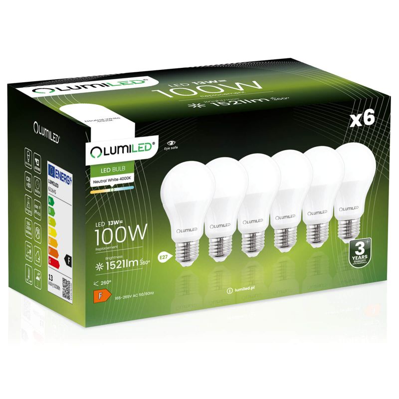 Żarówka LED LUMILED E27 A60 13W 1521lm 4000K 260st 6 szt.