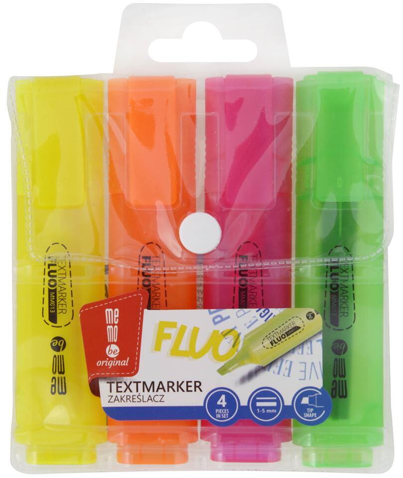 Zakreślacz MemoBe, ścięta, w etui, 4 sztuki, mix kolorów neonowych