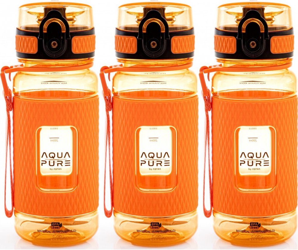 3x Bidon Astra Aqua Pure, tritan, 400ml, neonowy pomarańczowy