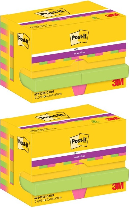 2x Karteczki samoprzylepne Post-it Super Sticky, 47.6x47.6mm, 12x90 karteczek, paleta Carnival, mix kolorów