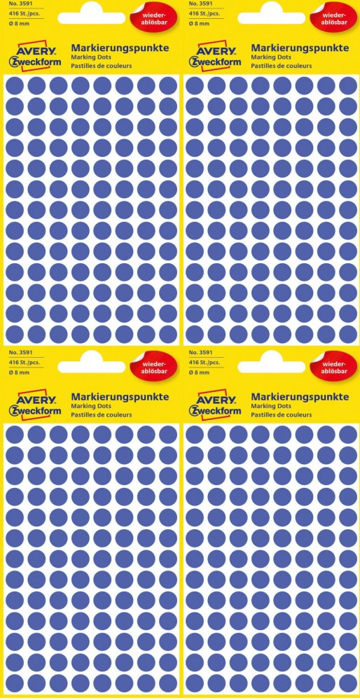 4x Etykiety usuwalne Avery Zweckform, okrągłe, średnica 8mm, 4 arkusze, 416 sztuk, niebieski