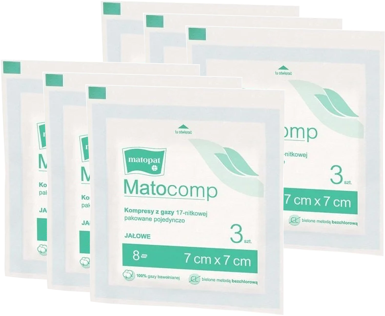 6x Kompresy gazowe jałowe Matopat Matocomp, 7x7 cm, 3 sztuki