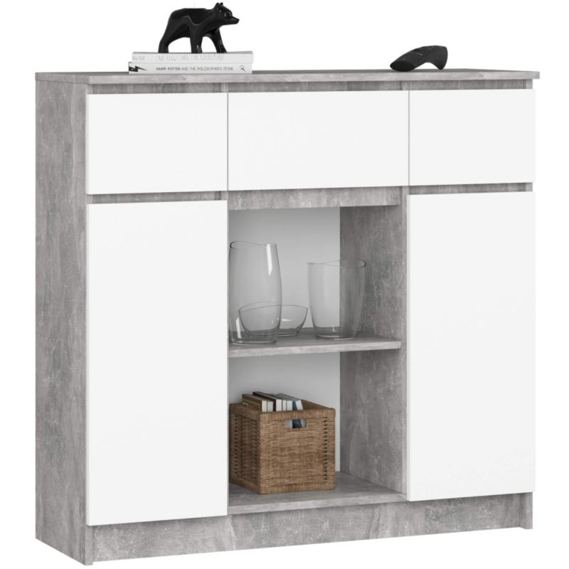 Komoda AKORD K100 kolor Beton, Biały mat 101 cm 2 drzwi 3 szuflady 4 półki 101x35x98 cm 1 szt.