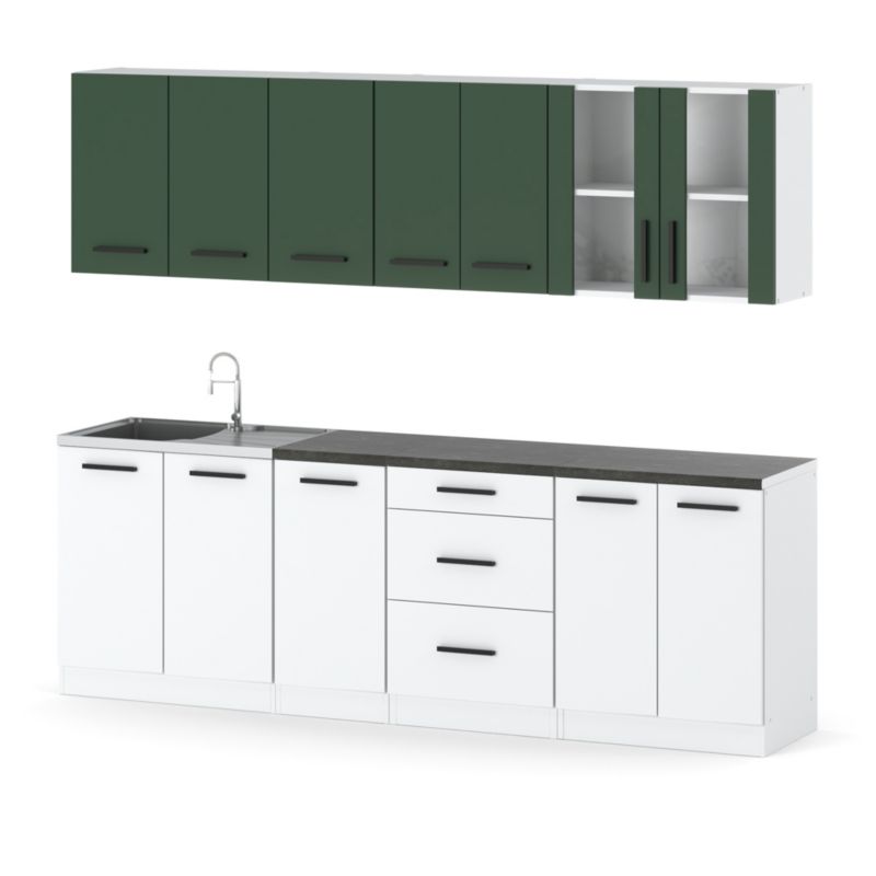 Zestaw Kuchenny Hurtownia-Mebli Z Blatem Kuchnia Remino 260cm Biały Mat Butelkowa Zieleń/Biały Mat 260x47x145 cm 1szt.