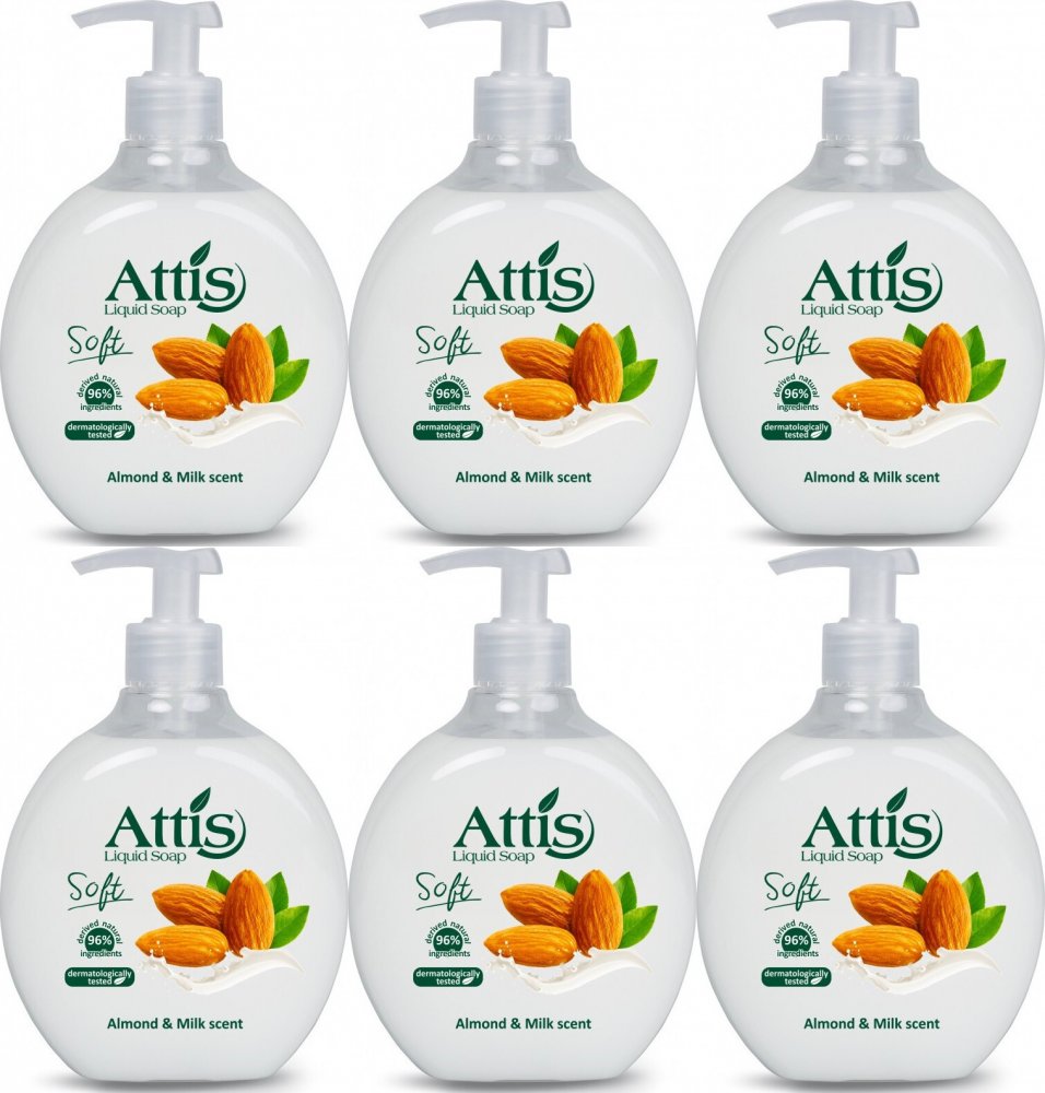 6x Mydło w płynie Attis Soft Gold Drop, mleko & miód, z dozownikiem, 500ml
