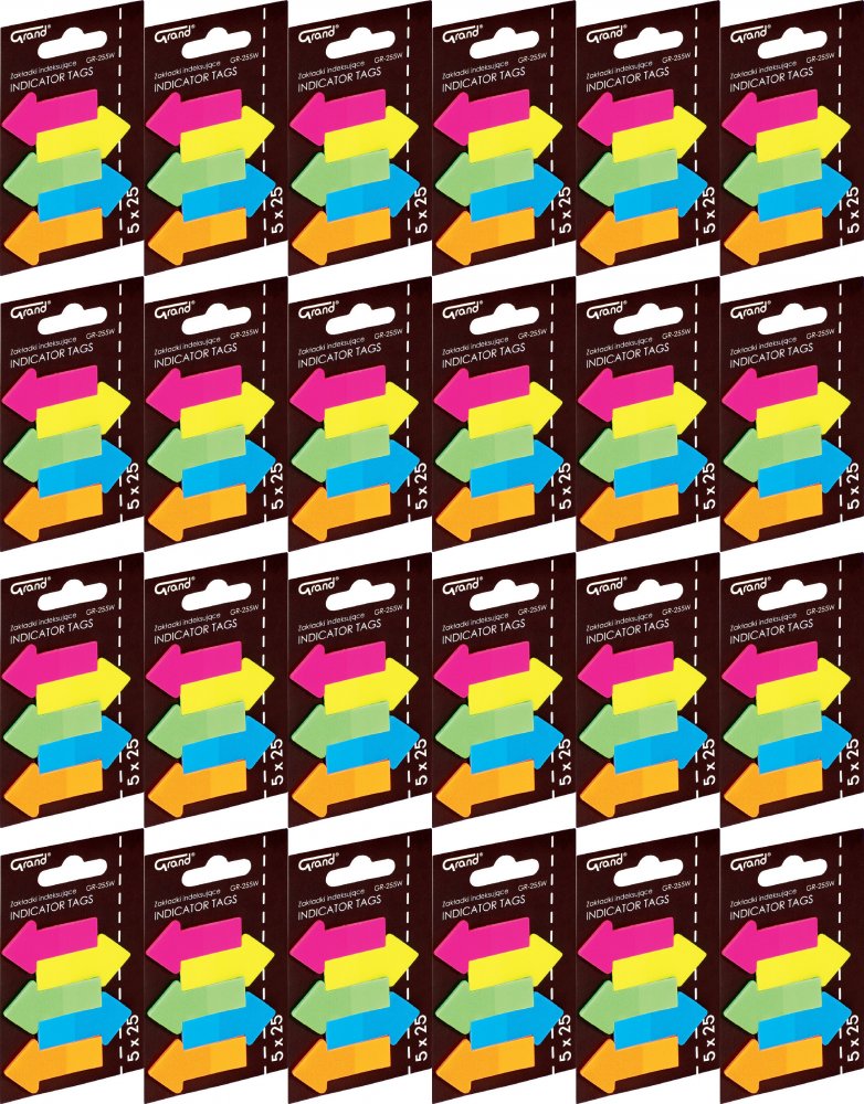 24x Zakładki samoprzylepne Grand GR-255W, strzałki, indeksujące, folia, 45x23mm, 5x25 sztuk, mix kolorów