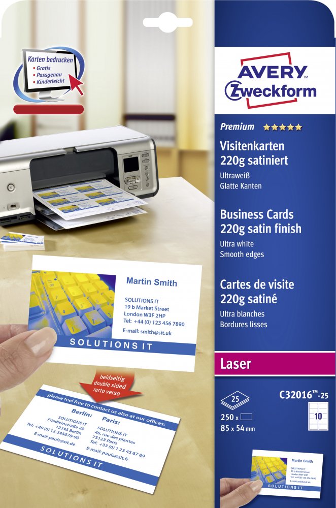 Wizytówki Avery Zweckform Quick&Clean, dwustronne, satynowane, 85x54mm, 250 sztuk, śnieżnobiały