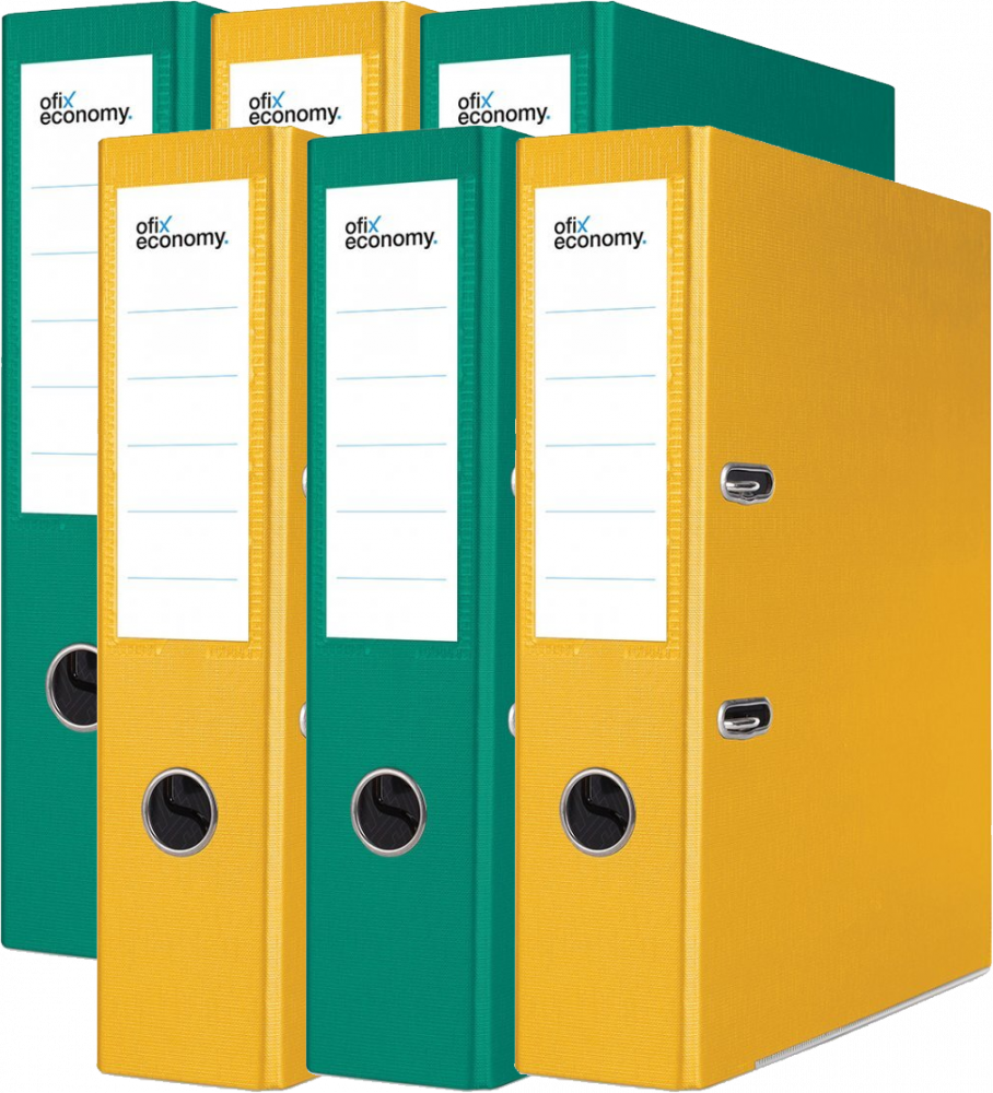 Zestaw: 3x Segregator A4 Ofix Economy, z wyklejką, 75mm, do 500 kartek, zielony + 3x Segregator A4 Ofix Economy, z wyklejką, 75mm, do 500 kartek, 