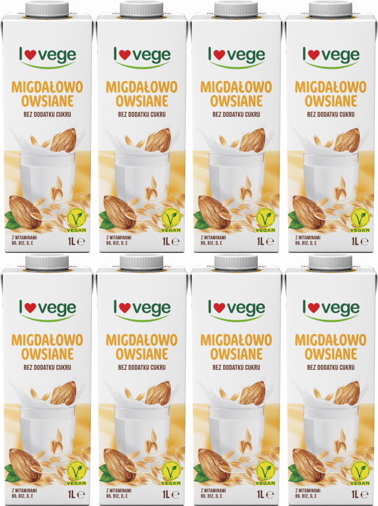 8x Napój migdałowo-owsiany Lovege, bez dodatku cukru, 1l