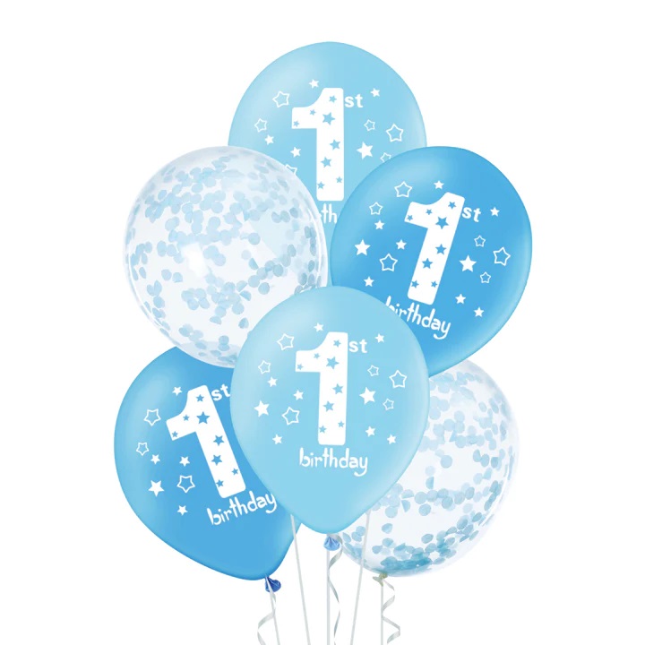 Balony Roczek Birthday niebieskie 12cali 6szt. zestaw