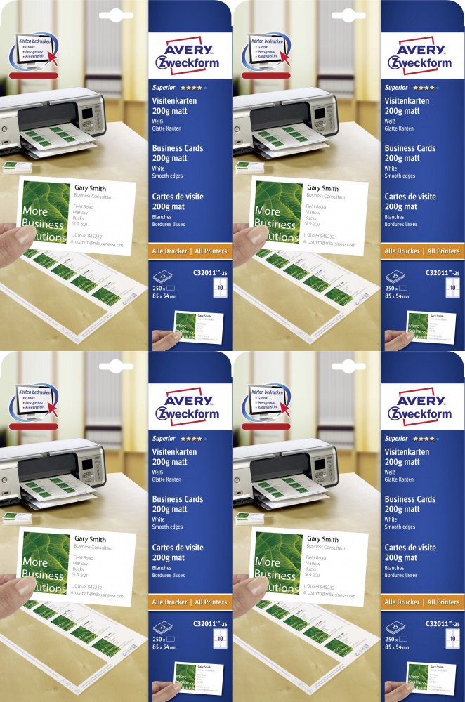 4x Wizytówki Avery Zweckform Quick&Clean, matowe, 85x54mm, 250 sztuk, biały