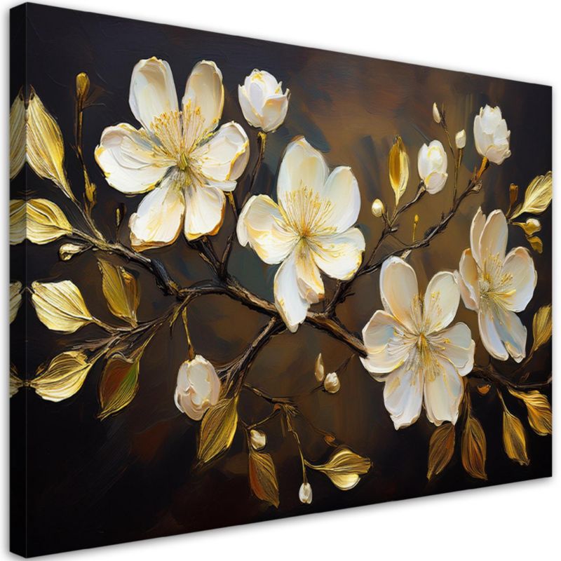 Obraz do salonu sypialni Feeby Białe Kwiaty na Gałązce Brązowy 120x80 cm 1 szt