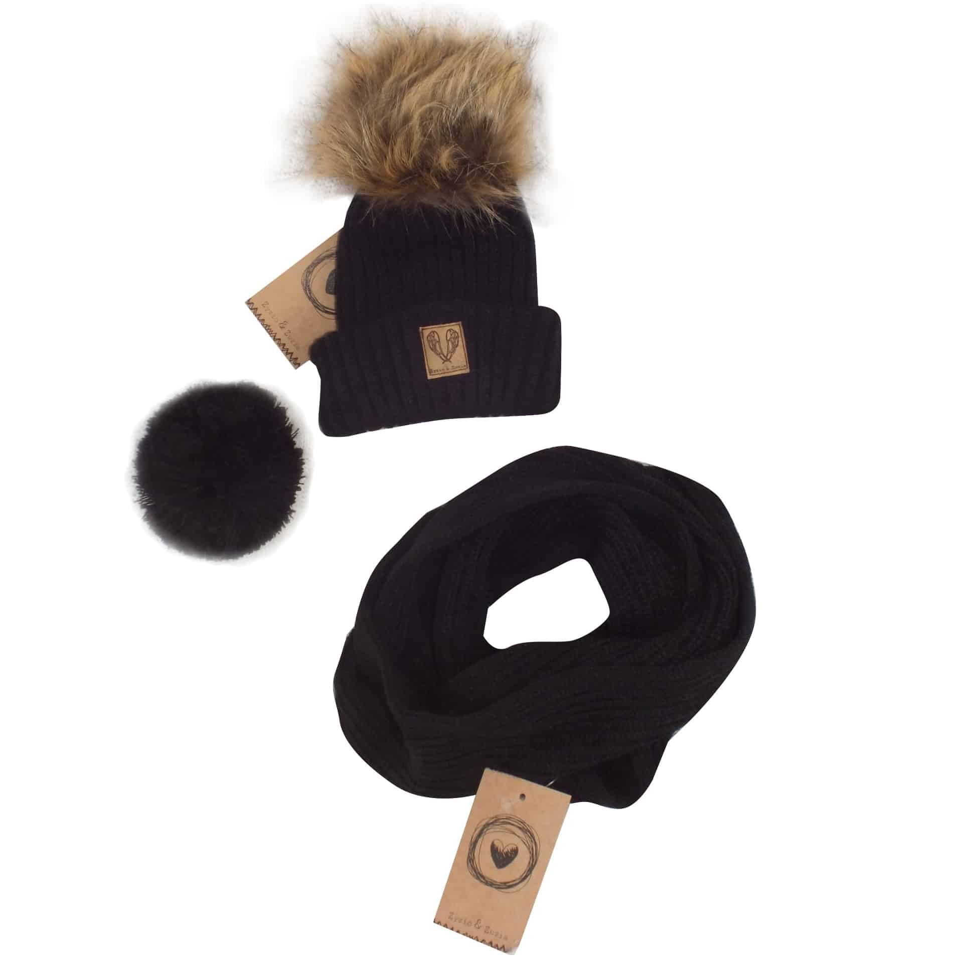 KOMPLET CZAPKA ZIMOWA Z POMPONEM 3W1 + SZALIK czarny ZZ - 4-8 m-cy