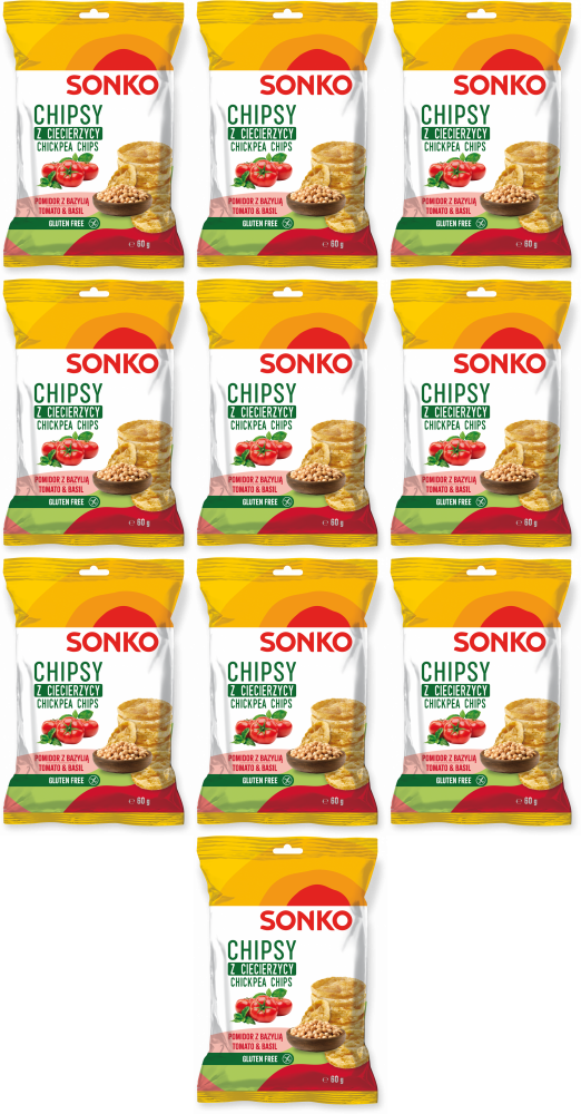 10x Chipsy z ciecierzycy Sonko, pomidor z bazylią, 60g