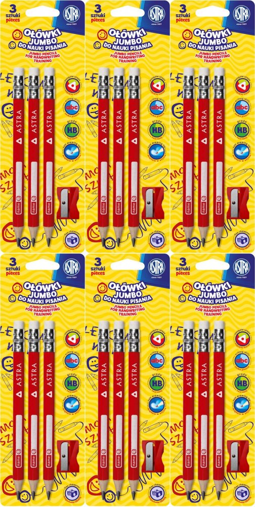 6x Ołówek do nauki pisana Astra Jumbo, z gumką, HB, trójkątny , 3 sztuki + temperówka