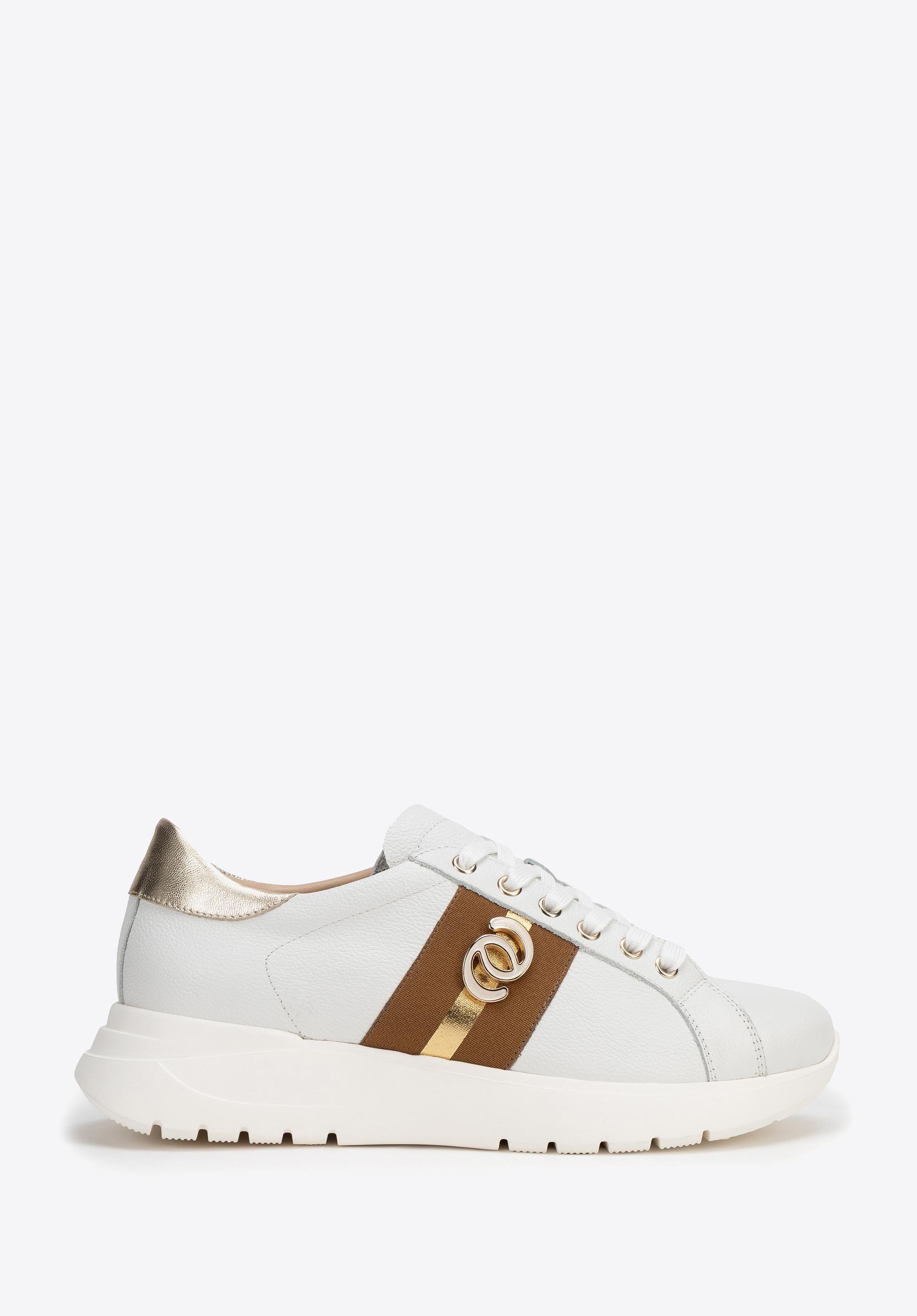 Damskie sneakersy z naturalnej skóry z metalowymi akcentami kremowo - złote
